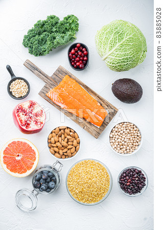 Healthy products immunity boosters , flat lay, on white background 83885028