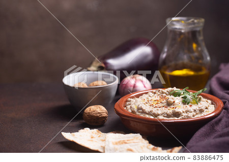Baba ganoush snack, Ezme with a set of ingredients for cooking Baba ganoush snack, Ezme with a set of ingredients for cooking 83886475