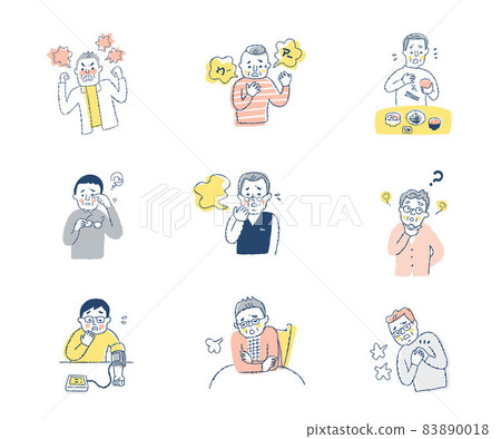 A set of various scenes for middle-aged and older men who are in poor physical condition A set of various scenes for middle-aged and older men who are in poor physical condition 83890018