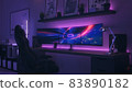 Games room with a cyber gamer computer. 3d render of neon lighting 83890182