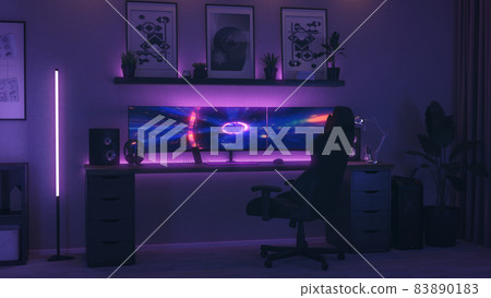 Games room with a cyber gamer computer. 3d render of neon lighting Games room with a cyber gamer computer. 3d render of neon lighting 83890183