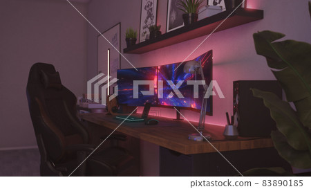 Games room with a cyber gamer computer. 3d render of neon lighting Games room with a cyber gamer computer. 3d render of neon lighting 83890185