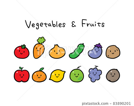 Handwritten style illustration set of loose and cute vegetable and fruit characters Handwritten style illustration set of loose and cute vegetable and fruit characters 83890201