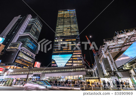 Tokyo cityscape of Japan Overlooking JR Shibuya station (right) where steel frames are overhanging, skyscrapers, Ginza line Shibuya station, etc. 83890969