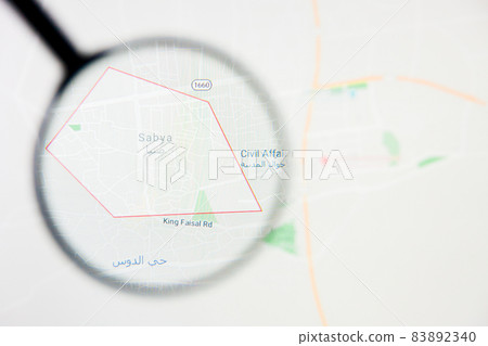 Sabya city in Saudi Arabia visualization illustrative concept on display screen through magnifying glass 83892340