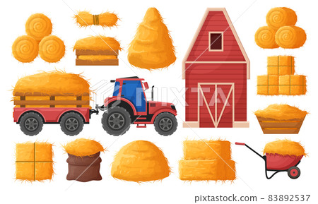 Farm hay making, hayloft, straw barn and agricultural tractor. Dried hay in wooden box and wheelbarrow, tractor, farm haymow barn vector illustration set. Rural haycock 83892537
