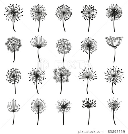 Fluffy dandelion, blowball flowers floral decorative silhouettes. Dandelion fluffy seeds flower plants vector flat illustration set. Blooming dandelions silhouettes 83892539