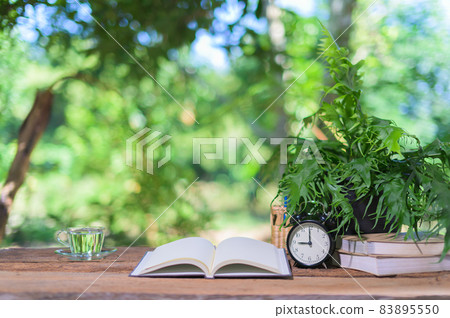 Books, stationery supplies are at the desk. 83895550