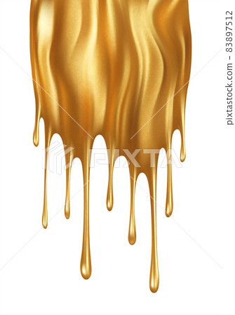 Realistic gold paint drip isolated on white background. Dripping, spreading gold paint. Golden Fluid Flow. Vector illustration 83897512