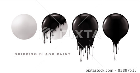 Set of 3d realistic spheres with black paint drips isolated on a white background. Dripping paint on white round shapes. Vector illustration 83897513