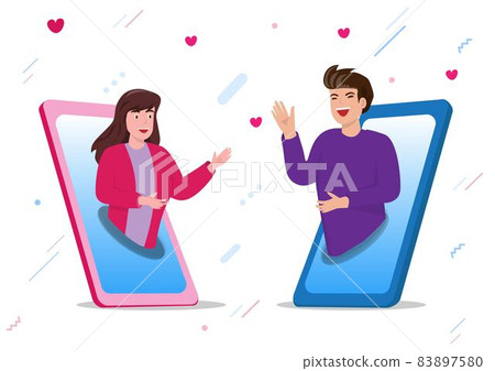 online conversation concept Video call with your loved ones, men and women who are lovers. Enjoy chatting with your smartphone. flat style cartoon vector illustration 83897580