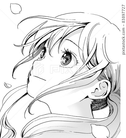 Monochrome illustration of a girl with pigtails looking up 83897727