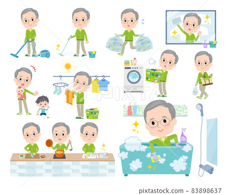 A set of elderly men in a green jersey for household chores such as cleaning and washing A set of elderly men in a green jersey for household chores such as cleaning and washing 83898637