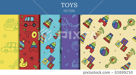 Vector set of doodle seamless pattern with toys. Hand draw collection of toys icons for baby shower or scrapbook. Cute illustration for children 83899250
