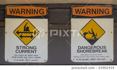 Beach Sign - Warning Strong Current and Dangerous Shorebreak Beach Sign - Warning Strong Current and Dangerous Shorebreak 83902434