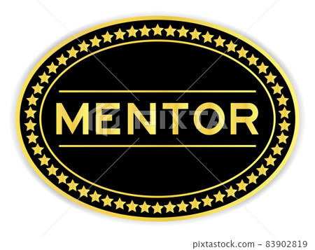 Gold and black color oval label sticker with word mentor on white background 83902819