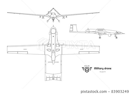 Outline military drone top, side, front view. Isolated army plane. Modern unmanned bomber blueprint 83903249