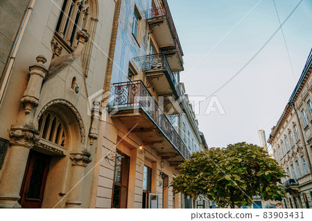 Bottom view the buildings and houses narrow streets historic center of the Lviv 83903431