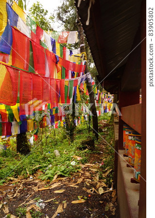 Prayer flag and prayer wheel at Enchey Monastery, Sikkim, India 83905802