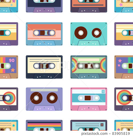 Seamless pattern with colorful cassette tapes. Retro trendy background for design and accessories. Seamless pattern with colorful cassette tapes. Retro trendy background for design and accessories. 83905819