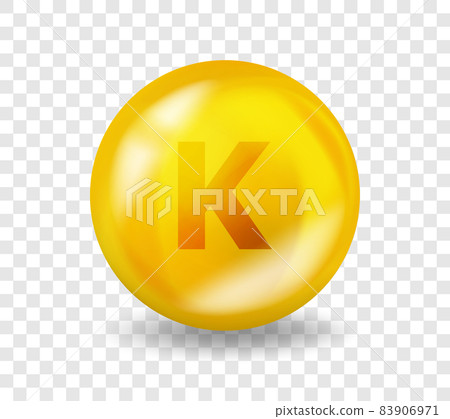 Vitamin K Phylloquinone. Vitamin complex illustration concept. K Phylloquinone pill capsule. 3D Yellow drug nutrition design. 83906971