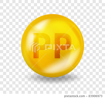 Vitamin PP Niacin. Vitamin complex illustration concept. PP Niacin pill capsule. 3D Yellow drug nutrition design. Vitamin PP Niacin. Vitamin complex illustration concept. PP Niacin pill capsule. 3D Yellow drug nutrition design. 83906973