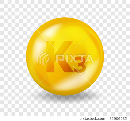 Vitamin K3 Menadione. Vitamin complex illustration concept. K3 Menadione pill capsule. 3D Yellow drug nutrition design. 83906985