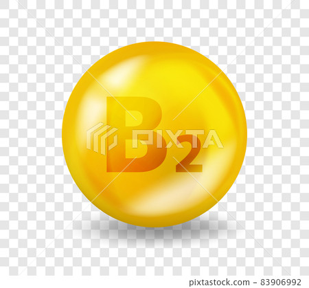 Vitamin B2 Riboflavin. Vitamin complex illustration concept. B2 Riboflavin pill capsule. 3D Yellow drug nutrition design. 83906992