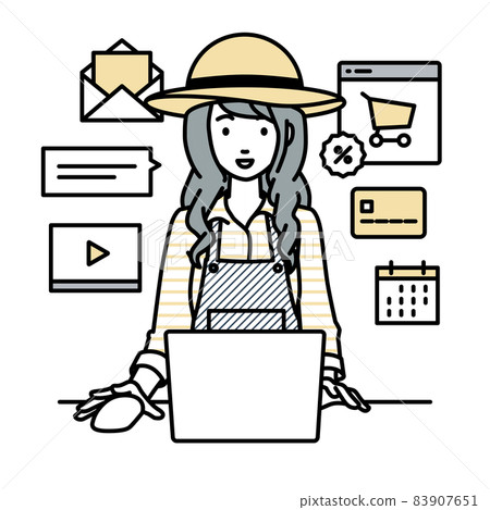A farmer woman sitting at a desk and doing an online shop or marketing job on a PC 83907651