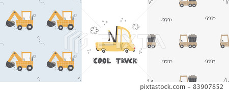 Cute children's seamless pattern with trucks and diggers in Scandinavian style on a white background. Building equipment. Funny construction transport Cute children's seamless pattern with trucks and diggers in Scandinavian style on a white background. Building equipment. Funny construction transport 83907852