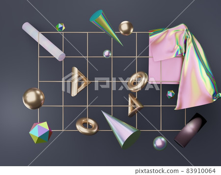 3d render abstract simple geometric shapes with mystic hologram or holographic design. realistic primitives composition scene for mockup. 3d render abstract simple geometric shapes with mystic hologram or holographic design. realistic primitives composition scene for mockup. 83910064