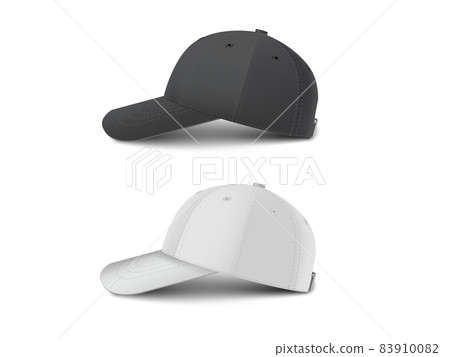 Black and white baseball cap set side view realistic vector template. Black and white baseball cap set side view realistic vector template. 83910082