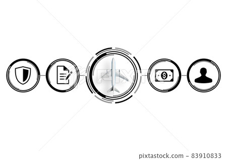 The concept of various types of insurance as a business. Abstract airplane with icons of shield, contract, money near The concept of various types of insurance as a business. Abstract airplane with icons of shield, contract, money near 83910833