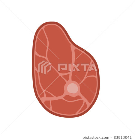 Piece of raw meat. Fresh red food with streaks and fat. Cut off half beef piece. Cartoon illustration. Element of kitchen, ham, BBQ, steak and delicious meal 83913041