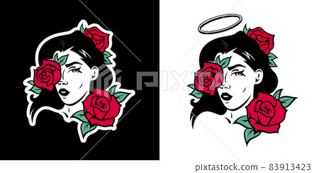 Illustrations of Retro Girls with Roses 83913423