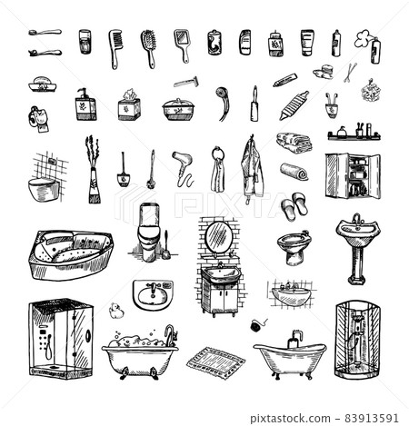 Bathroom Illustrations in Art Ink Style Bathroom Illustrations in Art Ink Style 83913591