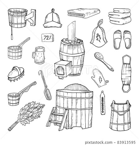 Bath Accessories Illustrations in Art Ink Style Bath Accessories Illustrations in Art Ink Style 83913595