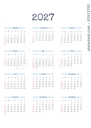 2027 calendar template in classic strict style with type written font. Monthly calendar individual schedule minimalism restrained design for business notebook. Week starts on sunday. 83913705