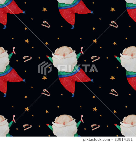 Christmas Seamless pattern with Cute Santa Claus on black background with stars and candies. Watercolor. Hand drawing for kids collection, New Years decor, packaging, wallpaper and design. 83914191