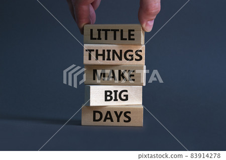 Little things make big days symbol. Wooden blocks with words Little things make big days. Businessman hand. Beautiful grey background, copy space. Business, motivational concept. Little things make big days symbol. Wooden blocks with words Little things make big days. Businessman hand. Beautiful grey background, copy space. Business, motivational concept. 83914278