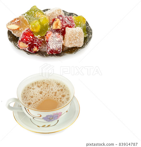 Coffee and Turkish delight isolated on white. Collage. Free space for text. 83914787