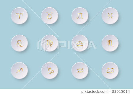 paper cut zodiac set gold foil collection 12 zodiac signs, Aries, Taurus, Leo, Gemini, Virgo, Scorpio, Libra, Aquarius, Sagittarius, Pisces, Capricorn, Cancer. Vector isolated on blue sky background paper cut zodiac set gold foil collection 12 zodiac signs, Aries, Taurus, Leo, Gemini, Virgo, Scorpio, Libra, Aquarius, Sagittarius, Pisces, Capricorn, Cancer. Vector isolated on blue sky background 83915014