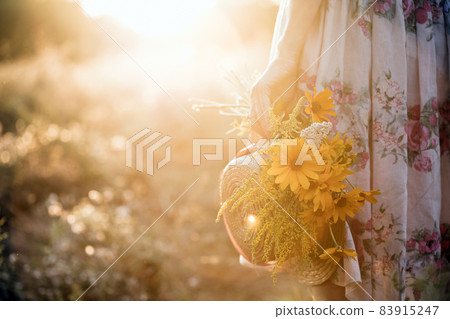 girl in the field at sunset 83915247