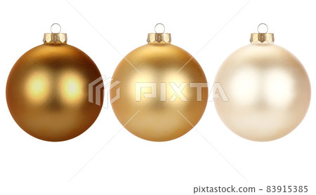 Christmas balls isolated on white background. Happy New Year baubles bombs bulbs colorful decoration. Golden Glass balls. Poster, banner, brochure design for christmas tree. Christmas balls isolated on white background. Happy New Year baubles bombs bulbs colorful decoration. Golden Glass balls. Poster, banner, brochure design for christmas tree. 83915385