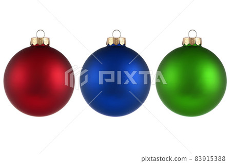 Christmas balls isolated on white background. Happy New Year baubles bombs bulbs colorful decoration. Red, blue and green Glass balls. Poster, banner, brochure design for christmas tree. Christmas balls isolated on white background. Happy New Year baubles bombs bulbs colorful decoration. Red, blue and green Glass balls. Poster, banner, brochure design for christmas tree. 83915388