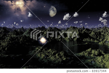群山環抱的湖泊，一輪明月，夜空中的光體 83917344