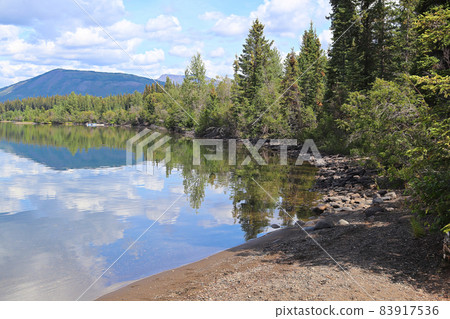 The edge of a mountain lake shore with trees 83917536