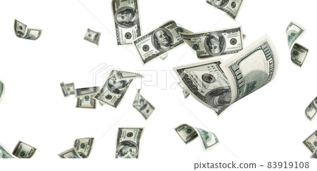 Money stack. Hundred dollars of America. Falling money isolated, us bill white background. Money stack. Hundred dollars of America. Falling money isolated, us bill white background. 83919108