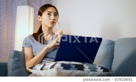 A young woman using a laptop computer on the sofa A young woman using a laptop computer on the sofa 83920691