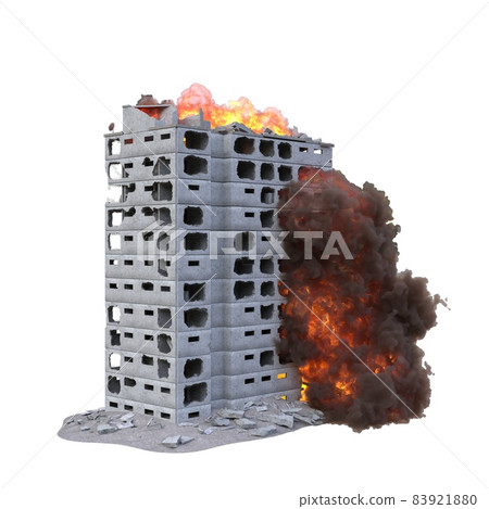 Ruined building in flames isolated on white 3d illustration 83921880